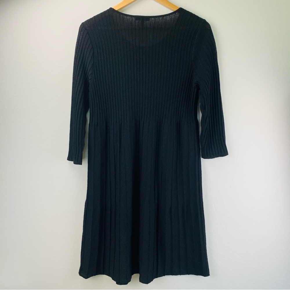 Eileen Fisher Wool Scoop Neck Pleated Ribbed Fit Flare 7/8 Sleeve Dress Black - Picture 8 of 11